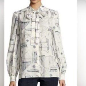 Tory Burch "Adrift" Sailboat Architectural Print Blouse SZ 8